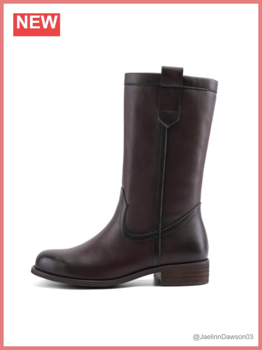 Mid Calf Pull On Boots Women Chunky Low Heel Faux Leather Round Toe Casual